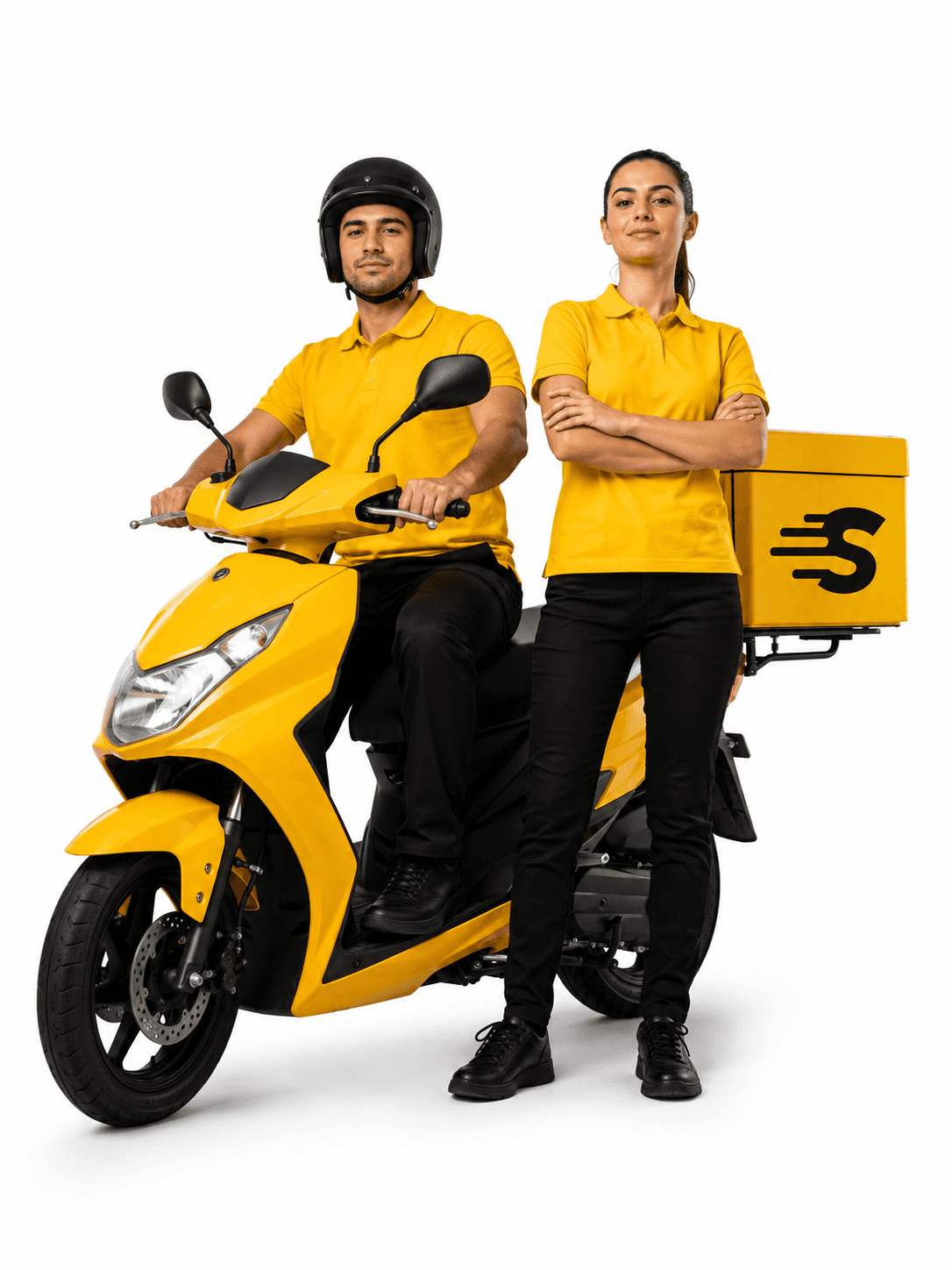 Sarı scooter üzerinde kurye ekibi